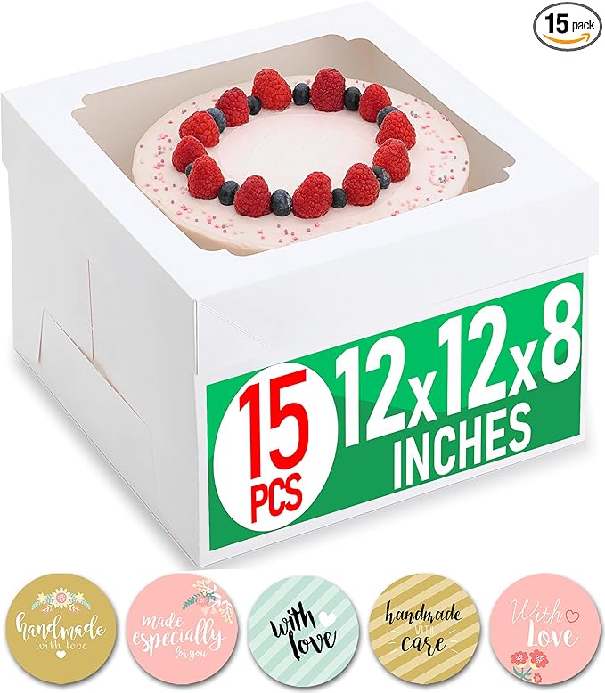 12x12x8 Inch Cake Boxes 15 pcs, Large 12 Inch Cake Box with Window for 8 Inch Tall Tiered Bakery Cakes, Pies, Sturdy Square White Cardboard, Cake Decorating Supplies (80 Pcs Stickers)