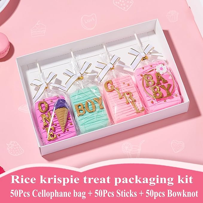 RomanticBaking 50 Sets Clear Rice Krispie Treat Bags with White Ribbon Bow and Stick & Flat Cellophane Clear Bags for Rice Krispie Treats Gift Giving Bag(White)