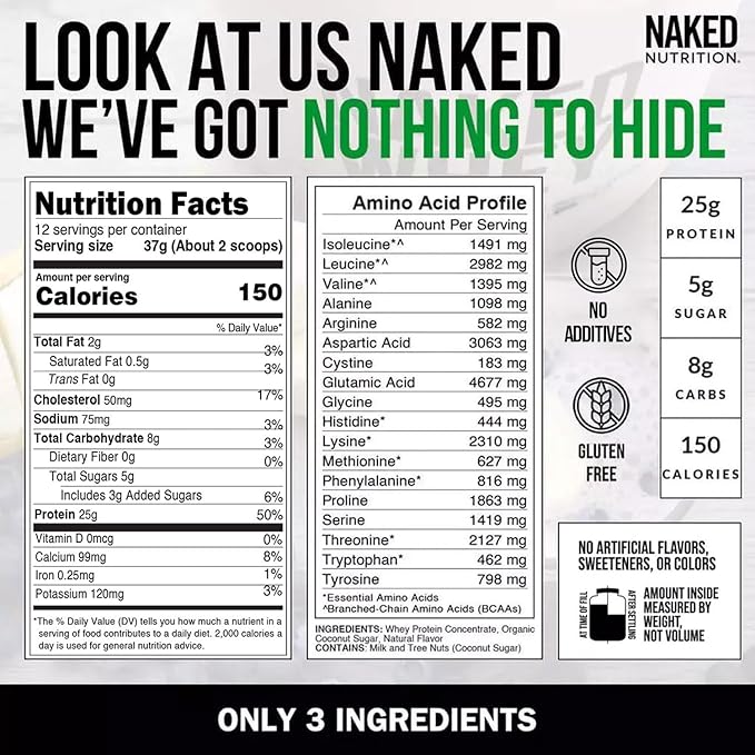 NAKED Vanilla Whey Protein 1Lb, Only 3 Ingredients, All Natural Grass Fed Whey Protein Powder + Vanilla + Coconut Sugar- GMO-Free, Soy Free, Gluten Free. Aid Muscle Growth, 12 Servings