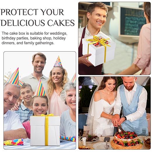 48 Pcs Cake Boxes with Boards 24 Baking Boxes with Window 24 Cake Boards 2 Rolls Silk Ribbon Large Square Baking Storage in 3 Sizes 12x12x8, 10x10x8, 8x8x8 Inch Disposable Dessert Containers
