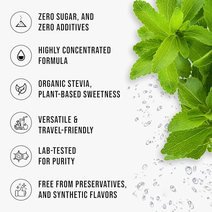 Organic Stevia Liquid Drops Pure Liquid Stevia Extract, Zero Calorie Sweetener for Coffee, Tea & Baking Keto Friendly Sweetener Drops, 8 fl oz, 1,823 Servings