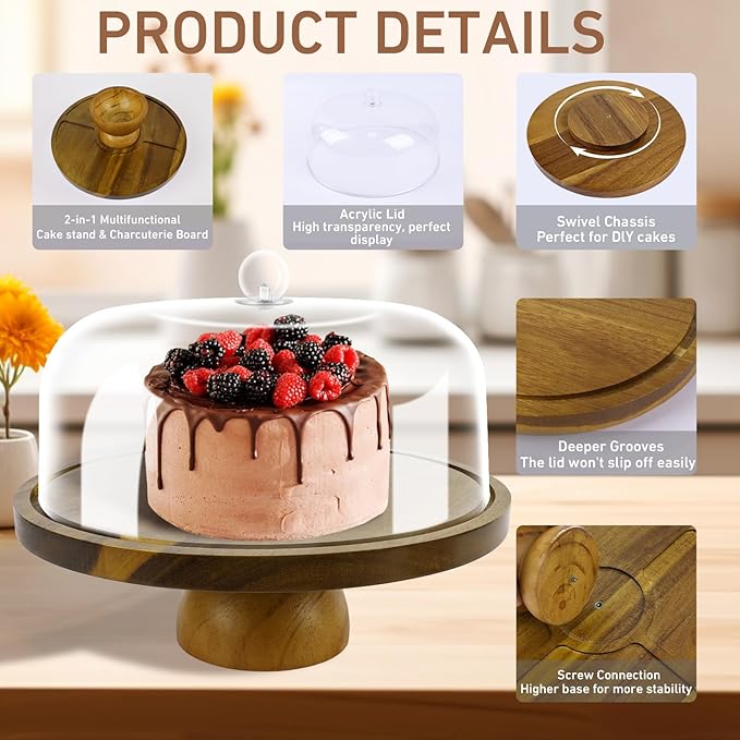 Set of 2 Acacia Wood Cake Stand with Acrylic Lid, 11.81'' Cake Plates and 9.84'' Rotating Cake Holder for Party, Wedding