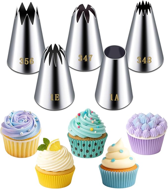 Suuker Large Piping Tips Set, Stainless Steel Frosting Piping Kit, 5 Pieces Pastry Cake Decorating Tips Baking Tools for Cookies Cupcake Decorating Kit (1A 1E 348 347 356)