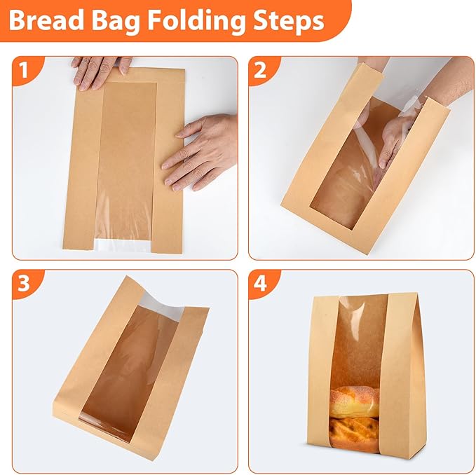 60 Pcs Bread Bags for Homemade, ROOKEA Sourdough Bread Bags with Window for Baked Paper Packaging with Sealing Stickers Bakery Cookie Food Snack Storage Large Kraft Paper 13.7x8.2x3.5 inch