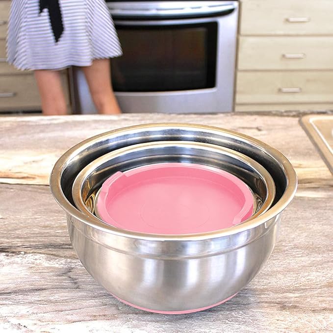 Stainless Steel Mixing Bowls with Lids and Non Slip Bases (Set of 5, Pink)