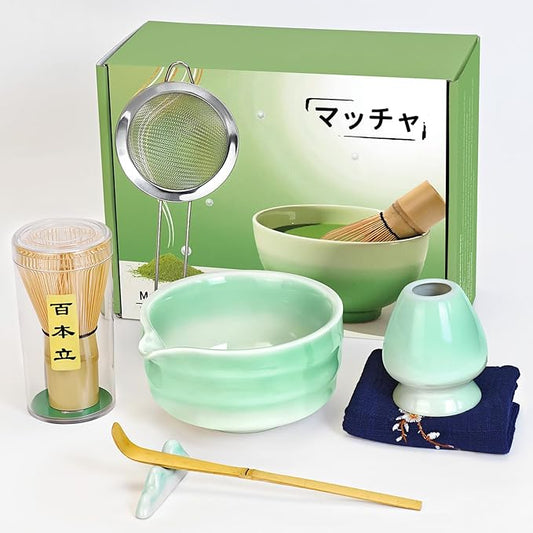Matcha Whisk Set, 7 Pcs Ceramic Matcha Whisk Kit, Bowl with Spout, Holder, Stainless Sifter, Bamboo Scoop and Tea Towel, Gift Set for Tea Lovers