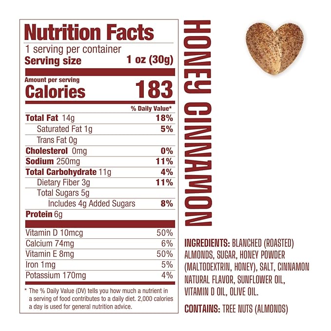 AlmondRx | Heart Healthy Skinless Lightly Salted California Almond Snack Packs | Fortified with Vitamin D | Plant Protein | Keto | Vegan | No Sugar Added (24 Pack, Honey Cinnamon)
