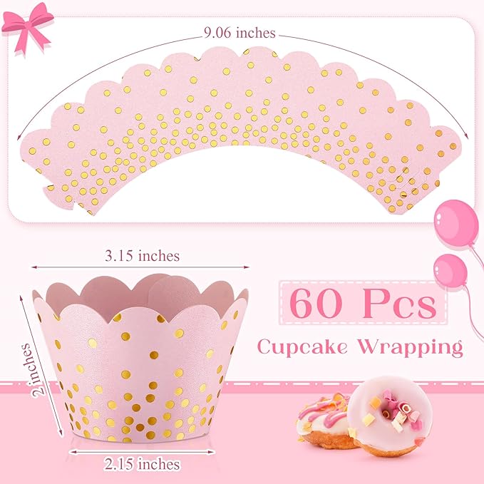 Zhehao 60 Pcs Gold Polka Dots Cupcake Wrappers Adjustable Graduation Cupcake Liners Paper Baking Cups Disposable Muffin Liners Holders for Birthday Baby Shower Wedding Party Supplies(Light Pink)