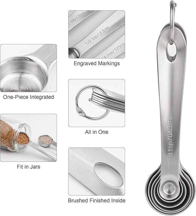Measuring Spoons Set, 18/8 Stainless Steel Measuring Spoons Set 6, Metal Measuring Spoons for Baking, Both Imperial & Metric Measuring Spoons for Liquid & Dry, Nesting Kitchen Measuring Tools