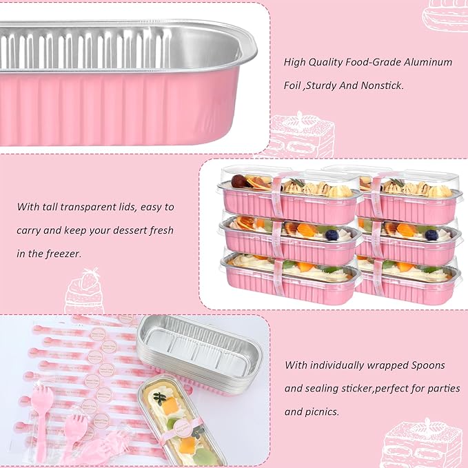 Mini Loaf Pans with Lids and Spoons (100 Pack, Pink, 6.8oz) Rectangular Aluminum Foil Baking Pans