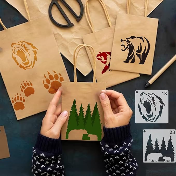 35 Pack Bear Stencils for Painting on Wood, Pine Tree Stencils Bear Claw Wildlife Animal Stencil Template for DIY Craft Wall Fabric Rock Chalkboard Sign School Art Scrapbook Projects (Bear)