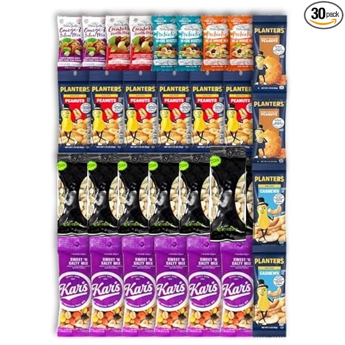 Niro Gift Basket Assortment | Individual Nuts Snack Packs, Trail Mix Individual Packs Bulk - 30 Packs Mix Nuts Kit - Salted Cashews, Roasted & Unsalted Almonds