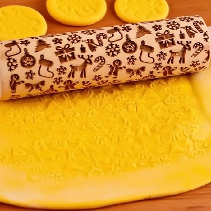 Christmas Rolling Pin 2 Pack, Snowflake Embossed Wooden Rolling Pin for Baking, Non-Stick Patterned Dough Roller for Christmas Cookies, Pie Crust, Holiday Baking Tools & Supplies (2 Piece Set)