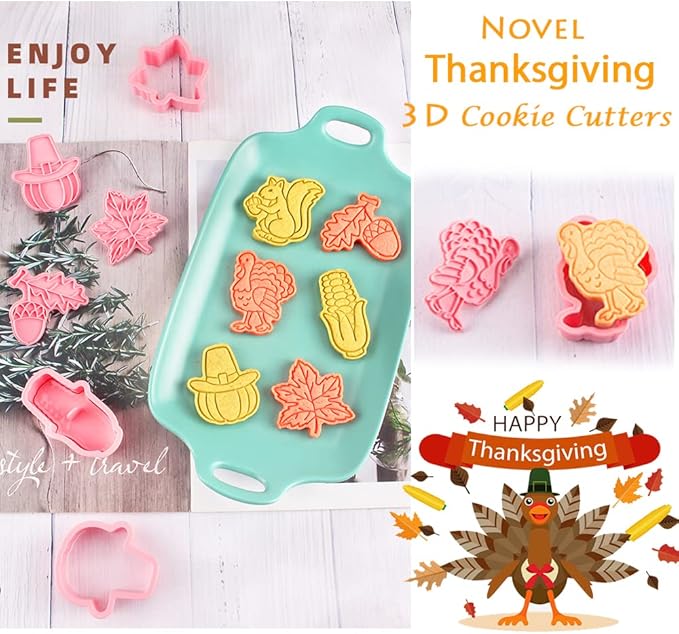 Novel Thanksgiving Cookie Cutters and Stamper, Maple Leaf, Squirrel, Hazelnuts, Turkey, Corn, Pumpkin 3D Cookie Cutters Set for Thanksgiving Baking (Pack of 12)