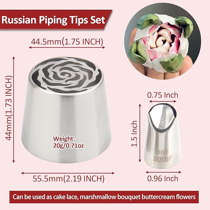 Extra Large Russian Piping Tip Set - 10 Stainless Steel Marshmallow Buttercream Framing Nozzles for Roses Tulip Cake Decorations and Bouquets, Includes 1 Leaf Nozzles and 1 Cleaning Brush(10A)