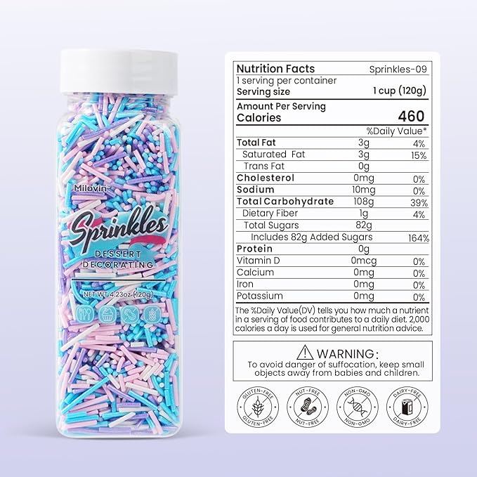 Edible Pastel Sprinkles for Cake Decorating, Jimmies Sprinkles, White, Purple, Pink Blue Sprinkle for Cupcakes, Cookies, Chocolate, Candy, and Ice Cream Topping(120g/4.23oz)