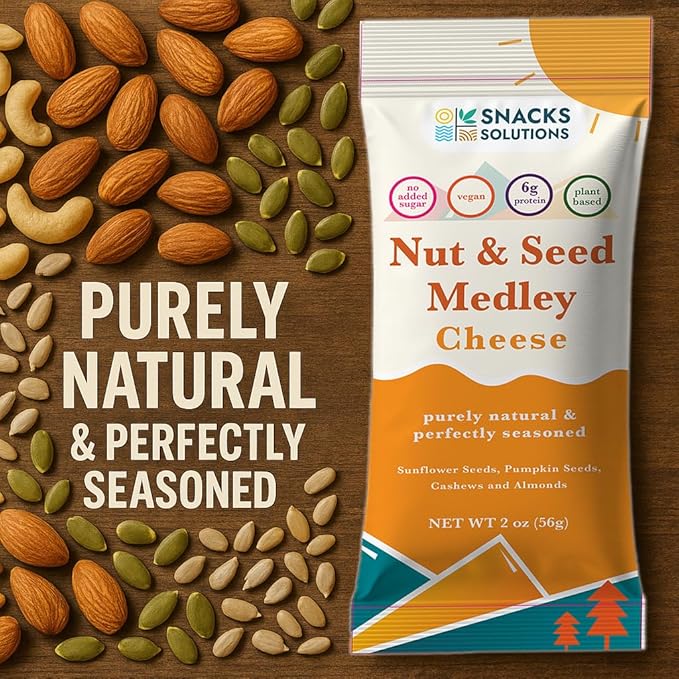 Snacks Solutions Nut and Seed Medley (2 oz - Pack of 8, Cheese) Natural, Gluten Free and Perfectly Seasoned, Sunflower Seeds, Pumpkin seeds, Cashews and Almonds