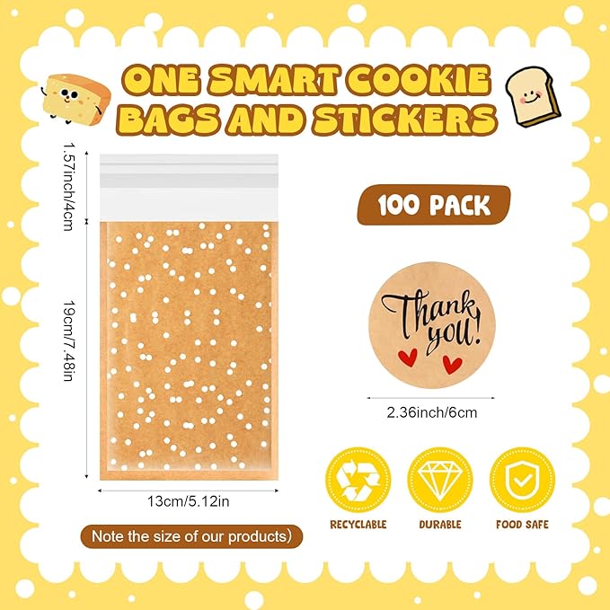 Self Adhesive Cookie Bags Cellophane Polka Dot Treat Bags Small Plastic with Thank You Stickers for Party Gift Giving Bakery Biscuit Candy Pastry(7.48 x 5.12 Inch,Small Dot,50 Pcs)