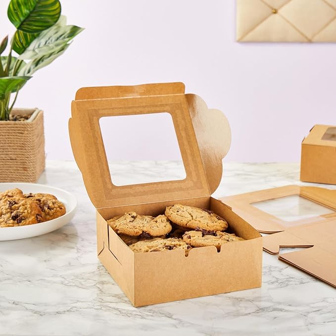 Juvale Cookie Boxes with Window - 50-Pack 6x6x2.5 in, Brown Paperboard - Bakery Boxes for Cookies, Cupcakes & Muffins