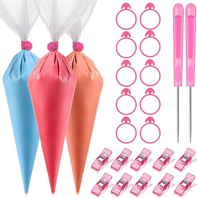 Patelai 122 Pcs Piping Bag Set with Disposable Tipless Piping Pastry Bags Ties Clips Awls Tool for Cakes Icing Scribe Cookie Decorating Supplies Christmas Halloween Decor(14 Inch,Pink)