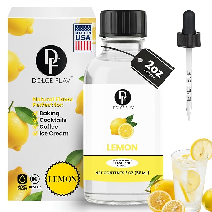 Natural Lemon Extract – Crisp Lemon Flavoring for Drinks, Baking, Desserts, Cocktails & Mocktails | 2 oz Glass Bottle with Graduated Dropper | Fresh Citrus Taste | Dolce Flav