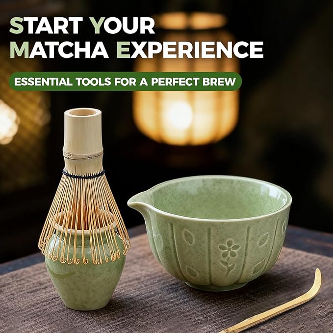Matcha Whisk Set-5pcs, 16OZ Japanese Tea Set Includes Matcha Bowl with Spout, Bamboo Whisk with Ceramic Holder, Bamboo Scoop and Stainless Steel Sifter