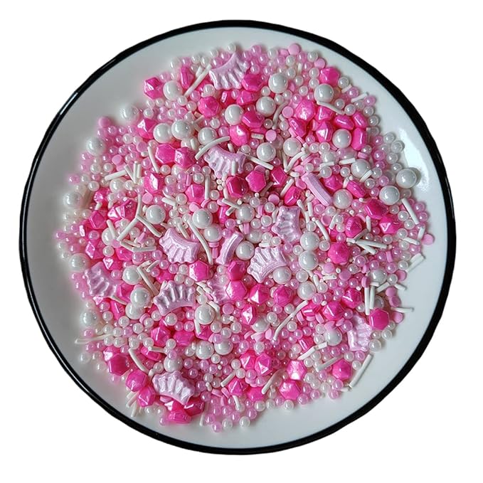 Edible Pink Crown Pearl Sugar Sprinkles Candy Mix Size Baking Edible Cake Decorations Cupcake Toppers Cookie Decorating Wedding Party Valentine Halloween Christmas Supplies 100g/3.53oz