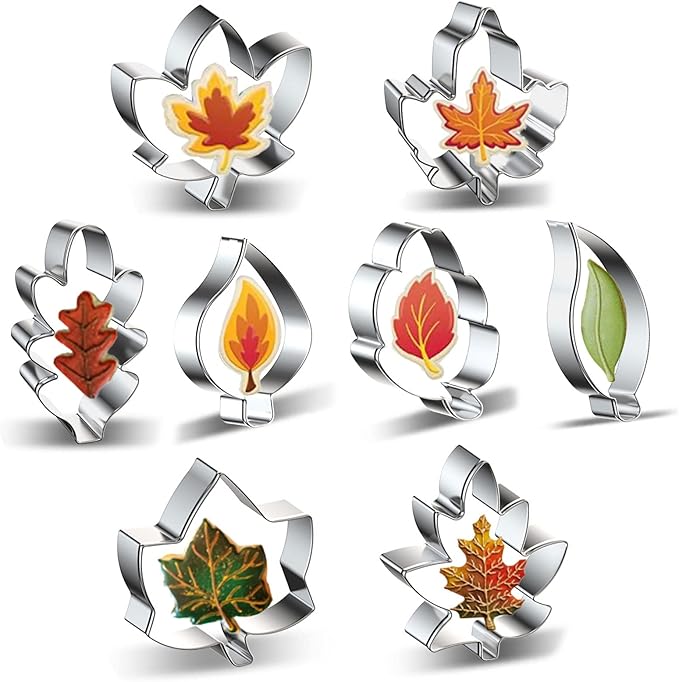 Fall Leaves 8-Piece Leaf Cookie Cutter Set - Maple Leaf, Oak Leaf, Teardrop Leaf Cookie Cutters Shapes Biscuit Fondant Molds for Fall Autumn Thanksgiving Christmas Birthday Wedding Party Decorations