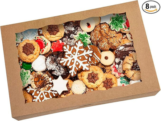 8-Pack Brown Pastry Box12x8x2.5inch,Large Bakery Cookie Box for Donuts,Muffins with Window Lid - Auto-Pop up Paper Box Doughnut Cardboard Chocolate Strawberries Treat Boxes,Pack of 8