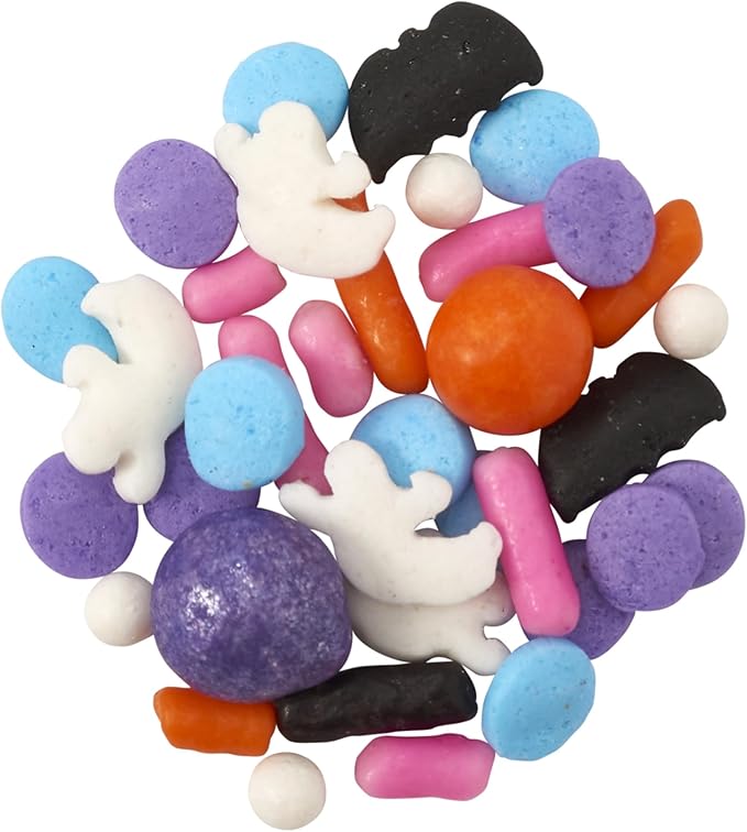 DECOPAC Monster Mash Deluxe Fusion Mix, 26oz, Fancy Candy Sprinkles in Handheld Container, Edible Sprinkles For Celebration Cakes, Cupcakes, Cookies and Donuts, Multicolored - Orange, white and black
