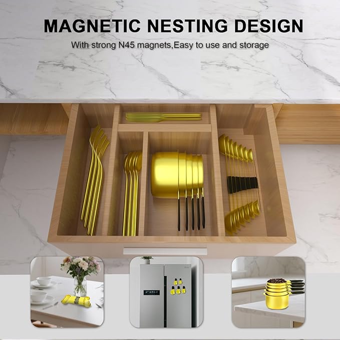 Magnetic Measuring Cups and Spoons Set, Heavy Duty 304 Stainless Steel, 5 Nesting Gold Measuring Cups and 7 Magnetic Measuring Spoons, Baking & Cooking Set of 13 with Leveler