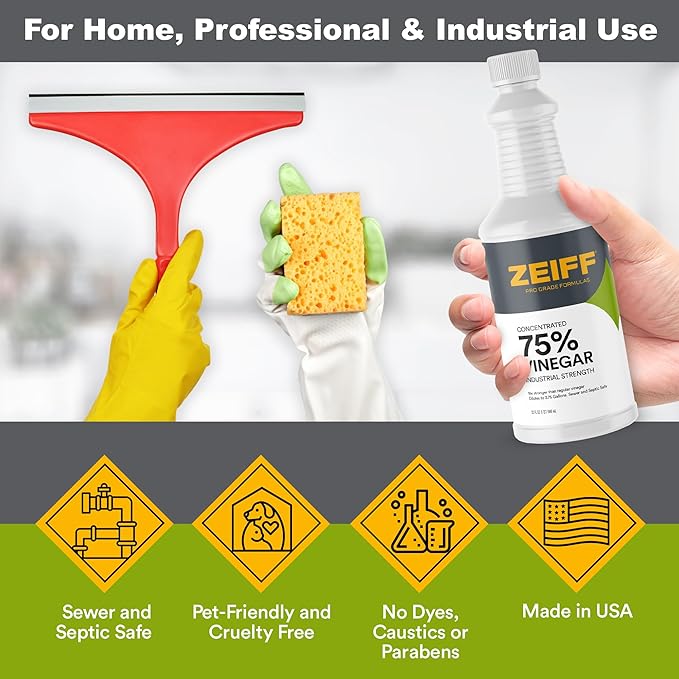 75% Pure Concentrated Vinegar - Technical Grade Acetic Acid Solution for Home and Outdoor Use - Cleaning Vinegar for Home & Laundry - 32 Oz, 2 Pack