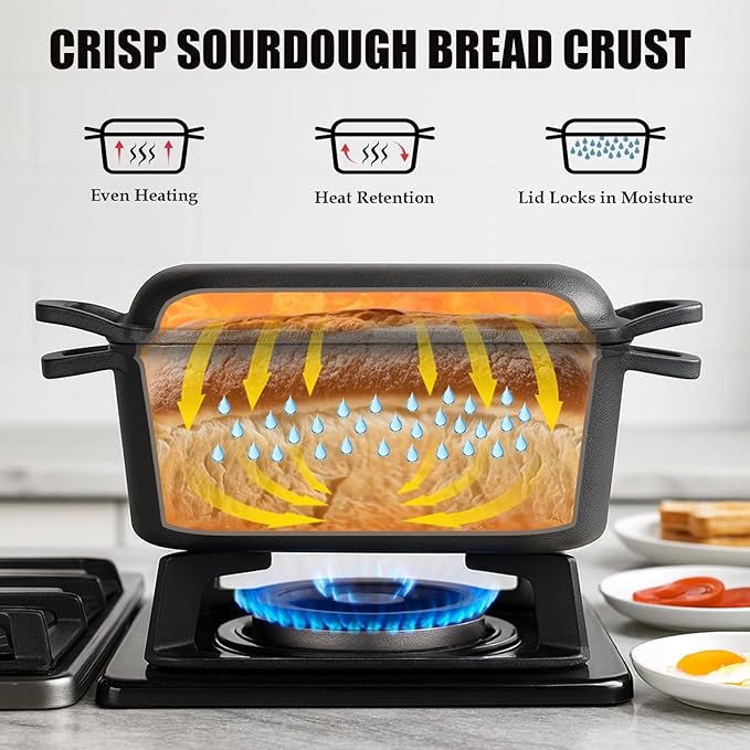 QuliMetal 3.6QT Oval Dutch Oven for Bread Baking - Pre-Seasoned Cast Iron Sourdough Bread Pan with Lid, cast iron loaf pans for bread, Even Heat Distribution for Meatloaf, Homemade Bread