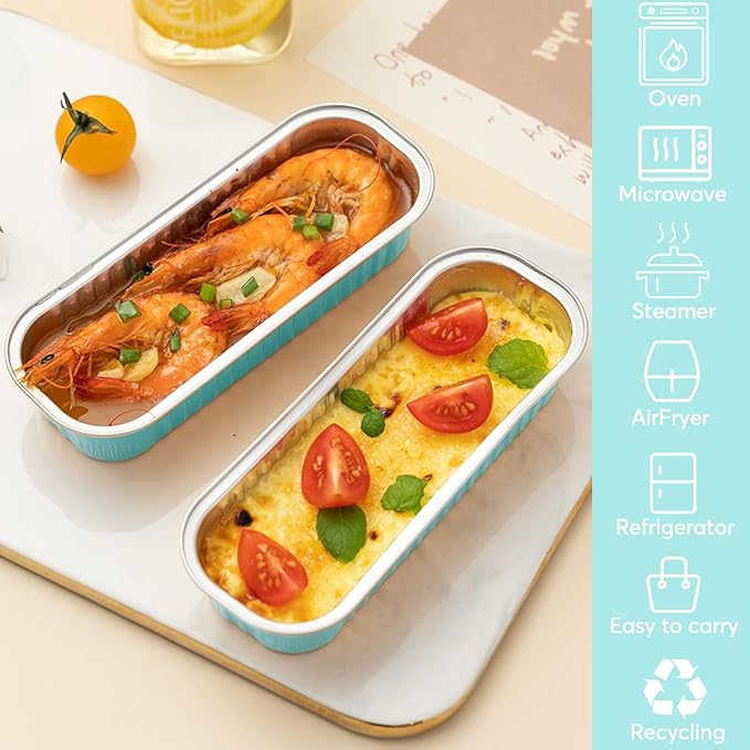 Ruckae 100 Pack Mini Loaf Pans with Lids and Spoons Disposable Aluminum Tin Foil Pans Rectangle Mini Loaf Cake Pan for Baking,Party,Picnics,Gifts Light Blue