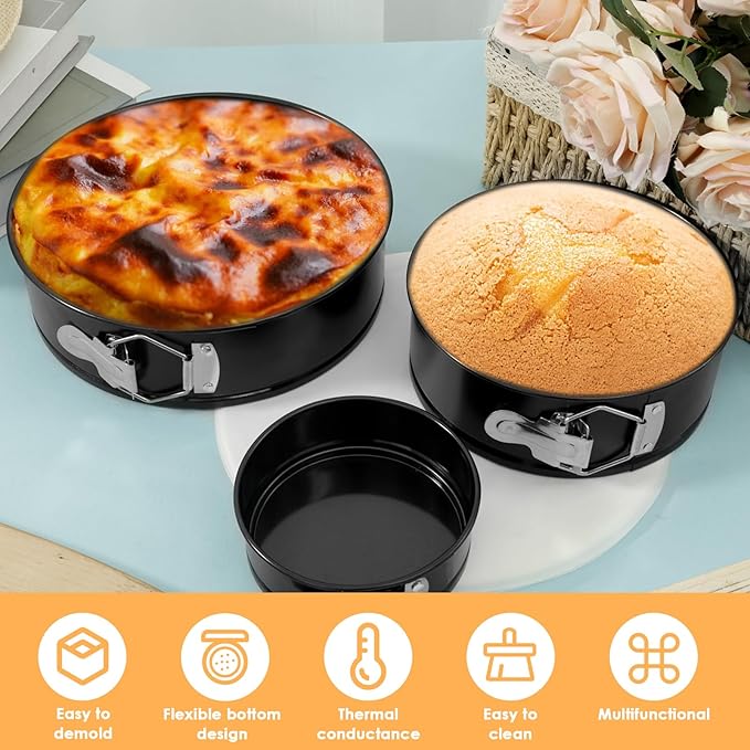 Cake Pan Set of 3, Nonstick Springform Pans with Removable Bottom, Leakproof Stainless Steel Round Cake Pans, 4, 7, 9 Inch Spring Form Pan for Cheesecake with 50 Pcs Parchment Paper Liners