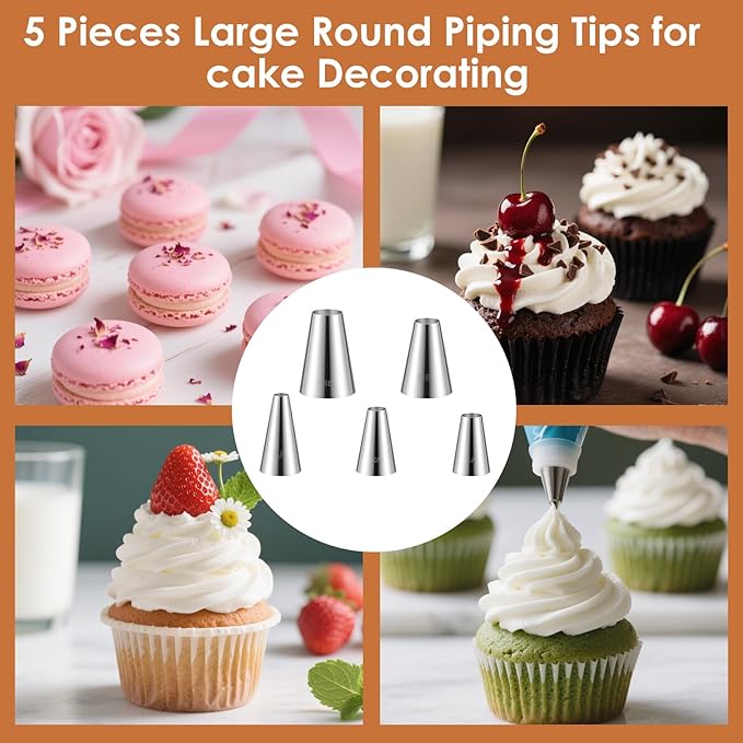 Large Round Piping Tip for Cake Decorating, 5 Pieces Stainless Steel Cupcake Frosting Nozzles Cake Tool Frosting Tip Russian Pastry Icing Dispensers for Baking Cookies Puff Doughnut Cream Bag Filler