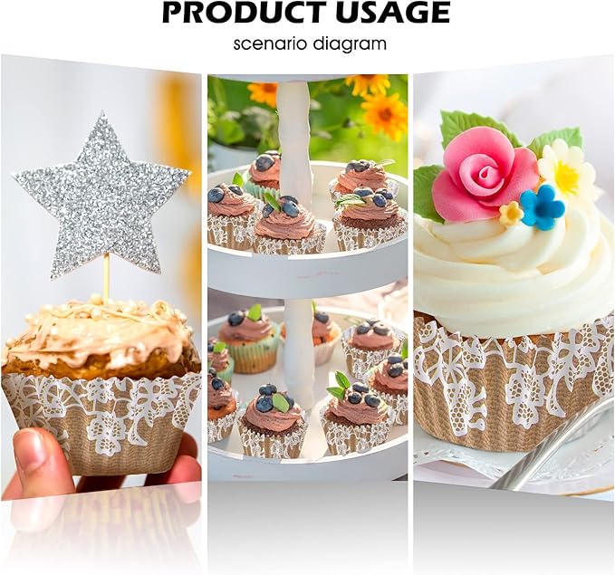 Funtery 300 Pcs Wedding Cupcake Liners Bridal Shower Rustic Lace Cupcake Wrappers Fall Muffin Liners Baking Cups Greaseproof for Baby Shower Christmas Birthday Party Anniversaries Decorations, Brown