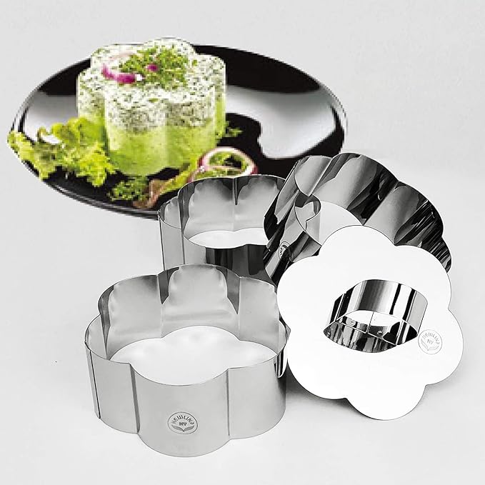 NewlineNY Stainless Steel Dessert Rings (4 Pcs) Flower Shape Molded Appetizers Salads Pastries Mousse Molding Layering Cutter