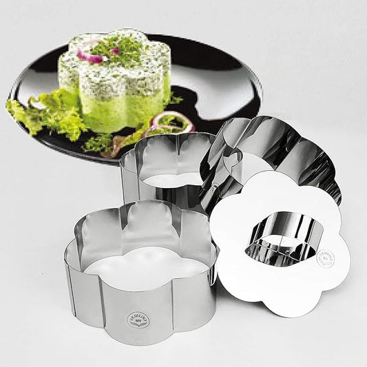 NewlineNY Stainless Steel Dessert Rings (4 Pcs) Flower Shape Molded Appetizers Salads Pastries Mousse Molding Layering Cutter