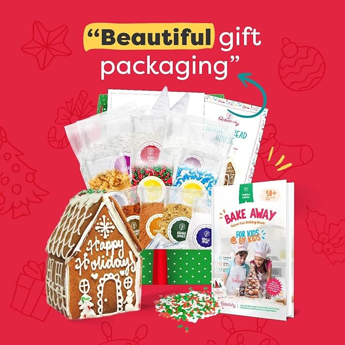 Baketivity Holiday Gingerbread House Kit And Kids Cookbook - Bake And Build Edible Gingerbread House - Kids Baking Set With Materials And Premeasured Ingredients