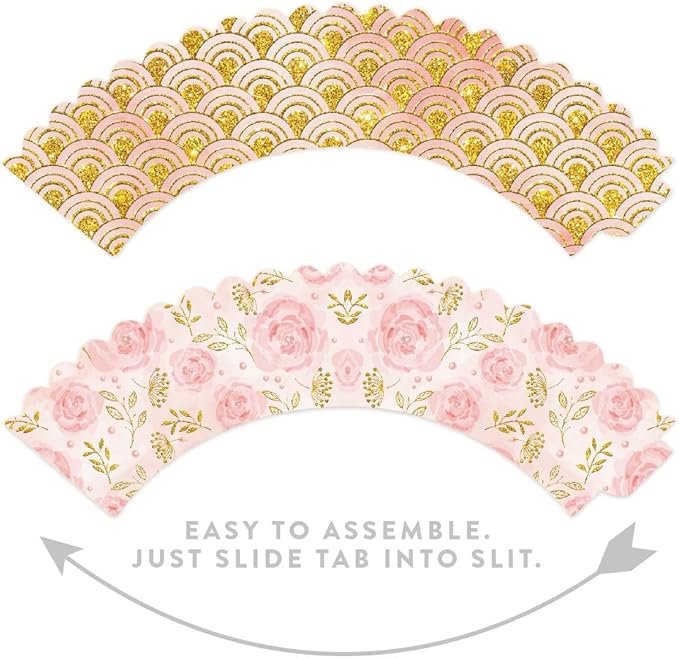Andaz Press Party Cupcake Wrapper Decorations, Pink Roses and Blush Pink and Gold Design, 24-Pack, Theme Colored Bulk Cake Supplies