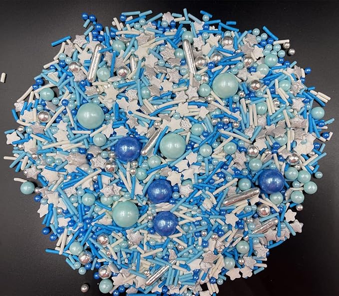 Blue Silver Sprinkles 120g/ 4.2oz- Christmas Edible for Cake and Cupcake Sprinkles with Assorted Shapes and Sizes for Parties, Metallic Sprinkle Mix for Cookies, Ice Cream, Cake and Cupcake Decorating