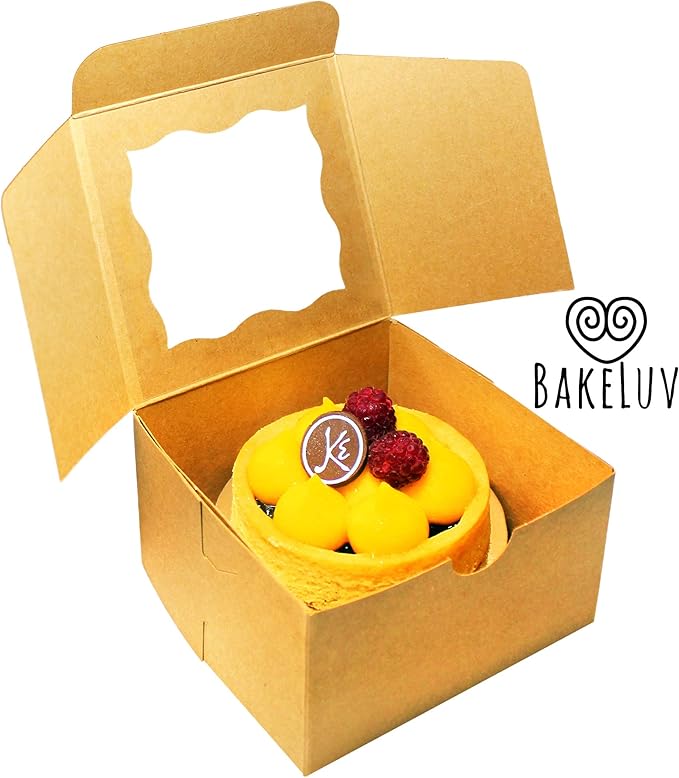 BAKELUV 50pcs Brown Small Cookie Boxes with Window, 4x4x2.5 Inches Bakery Boxes, Mini Cake, Treats, Macaron Packaging, Individual Cupcake, Gift Giving