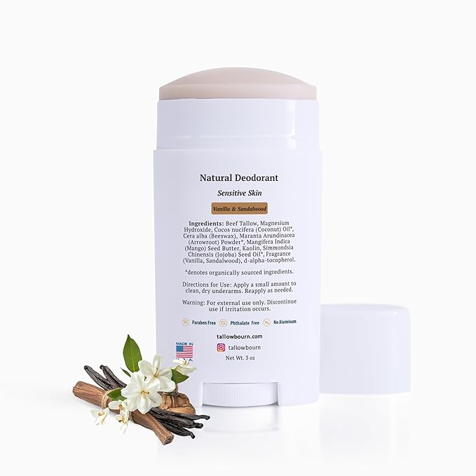 Tallow Deodorant - Aluminum and Baking Soda-Free - Helps Manage Body Odor and Sweat - Vanilla and Sandalwood Deodorant for Men and Women - 3 oz