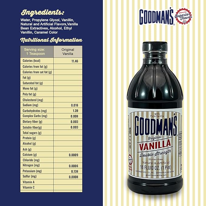 Goodman's Original Vanilla Double Strength - Gluten-Free, Non-GMO, Kosher, Low Carb & Low Calorie, a Blend of Artificial flavors with Pure Vanilla - No Animal Products, No Sugar (16oz Bottle)