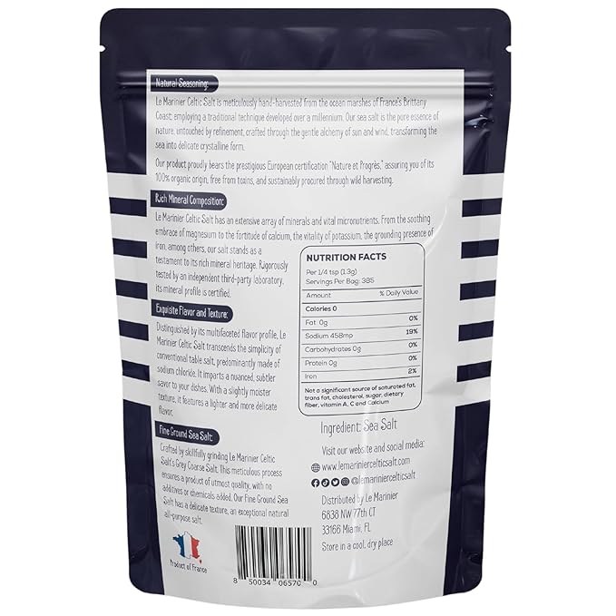 Le Marinier Celtic Salt Organic Fine Ground, 1.1lb - 18oz. Mineral Rich. 100% Natural and Unrefined. French Sea Salt Organic Vital Minerals. Hand Harvested Mineral Salt (1.1lb Fine Ground)