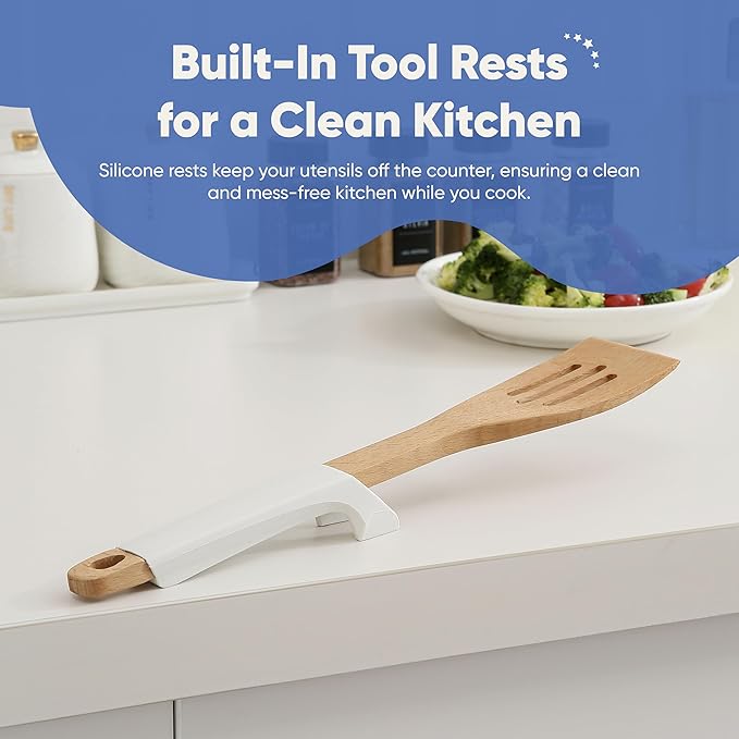 Chef’s Path Wooden Cooking Utensils Set – 5-Piece Beech Wood Kitchen Utensils Set with Silicone Spoon Rest, Wooden Spatula, Serving Spoon, Wooden Spoons for Cooking & Rotating Utensil Holder, White
