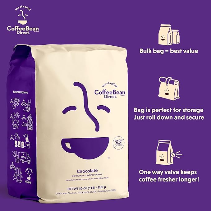 Coffee Bean Direct Chocolate Flavored, Whole Bean Coffee, 5 Pound Bag (Pack of 1)