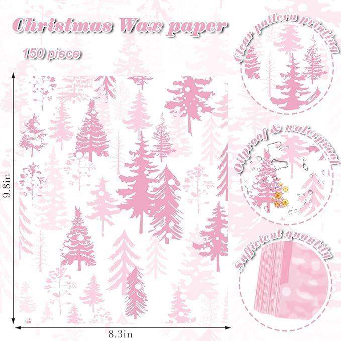 150Pcs Christmas Tree Deli Paper, 9.8 x 8.3'' Forest Grease Proof Food Deli Sheets, Resistant Sandwich Wrap Liners Greaseproof Food Wax Paper for Xmas Winter Party Supplies (Pink)