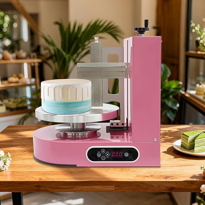 Cake Cream Spreading Machine, Electric Cake Decorating Machine for 4-12 Inch Cakes, Automatic Cake Cream Spreading Machine with Graduated Scrapers Turntable for Dessert Shops, 60-320RPM, 200W (Pink)